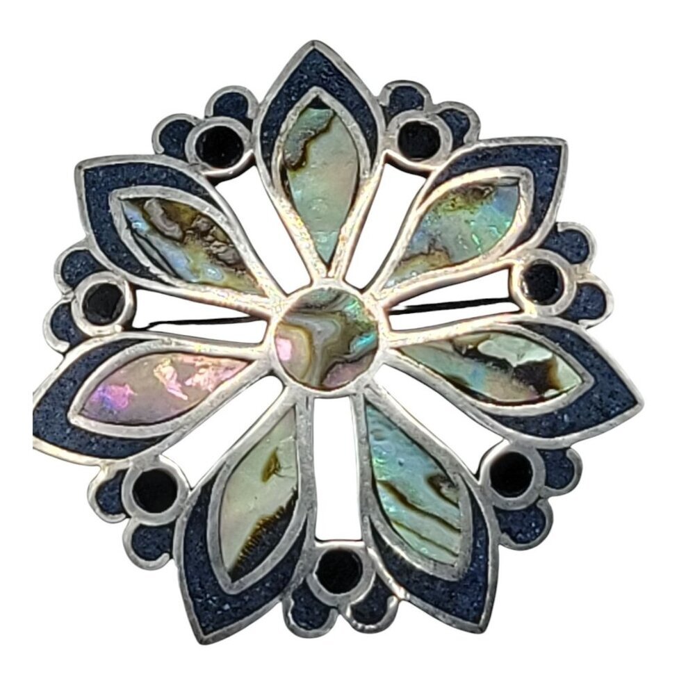 A Garcia Starburst Inlaid Gemstone Brooch Pendant Taxco Mexico SIgned Vintage
